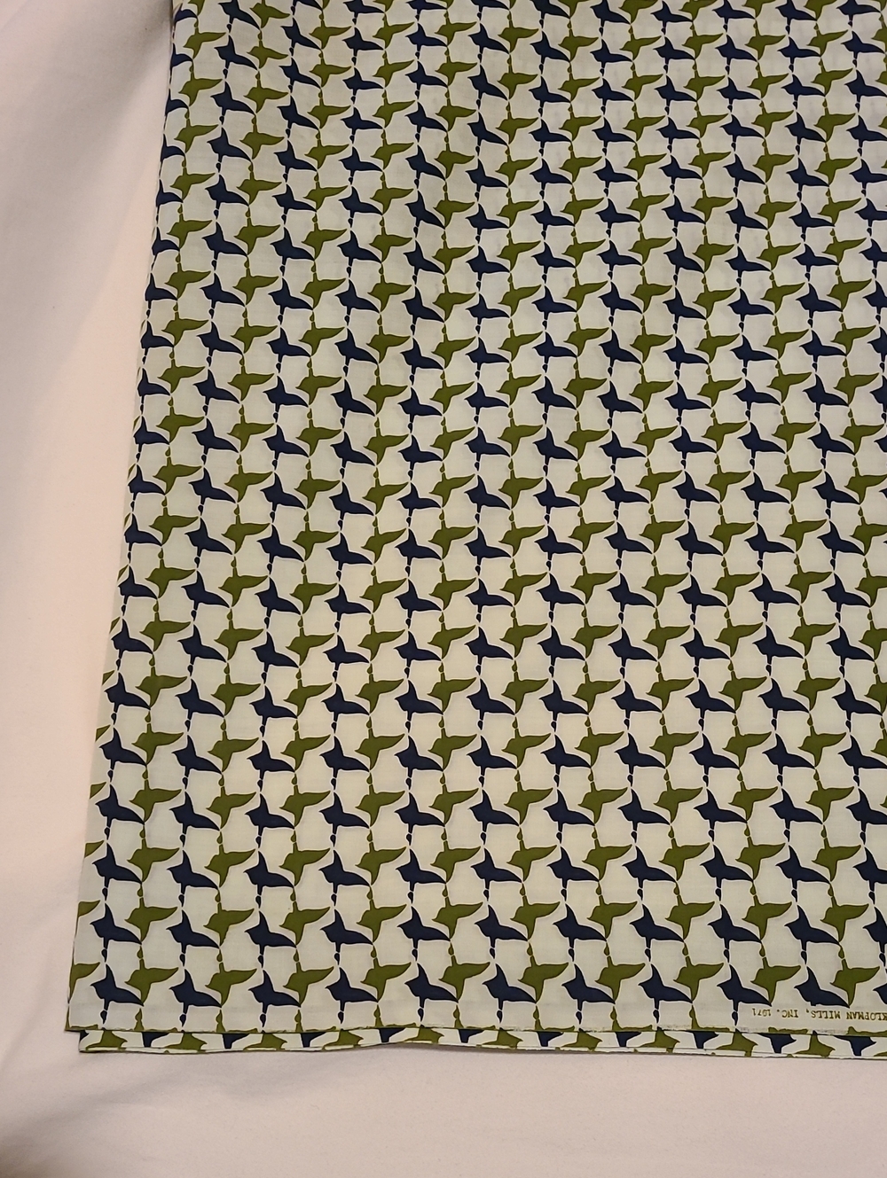 Fabric- Vintage 1971 Klopman Mills Inc. Navy Olive Green Polyester Bird Duck